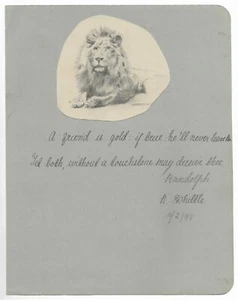 Antique 1898 MANUSCRIPT W/ ORIGINAL LION DRAWING Handwritten Friendship Quote - Picture 1 of 3