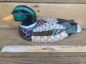 Hand Carved & Painted WOODEN DUCK MALLARD DECOY Glass Eyes Signed Dated 11 1/4" - Picture 1 of 7