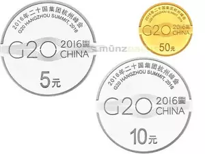 A5 + 10 + 50 yuan G20 Hangzhou Summit Cina argento + oro set PP 2016 - Foto 1 di 1