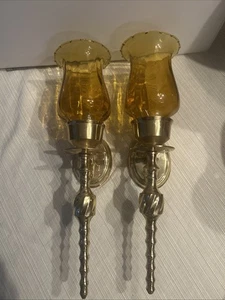 Pair Vtg Brass Wall Sconce Candle Holders w/Optic Gold Fluted Hurricane Shades - Picture 1 of 24