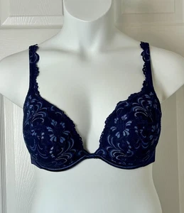 Cacique Bra Womens 38D Blue Lace Underwire Padded Plunge Sensual Floral - Picture 1 of 15
