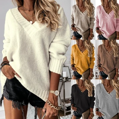 Women Knitted Jumper Sweater V Neck Baggy Winter Warm Long Sleeve Pullover Tops - Image 1 of 4