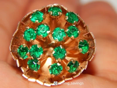 14K YELLOW GOLD VINTAGE GREEN SPINEL FLOWER FLORAL 7/10th INCH WIDE RING SIZE 7 - Image 1 of 4