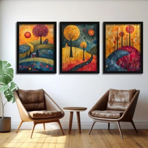 Abstract Landscapes Wall Art Gustav Klimt Style Oil Painting Set Of 3 Prints - Picture 1 of 2