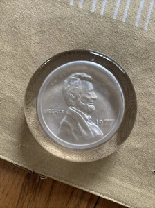 Glass Paperweight 1977 Lincoln Cent 3.5" Round × 0.5" Tall Realistic Vintage - Picture 1 of 7