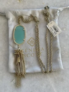 NWT Kendra Scott RAYNE Fringe Long Necklace Pendant GREEN Chalcedony Gold - Picture 1 of 3