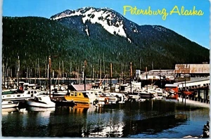 Petersburg Harbor with Peterburg Mountain in the Background, Alaska Postcard - Picture 1 of 2