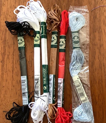 6 Skeins DMC SATIN 100% RAYON Embroidery Floss BLACK-WHITE-RED-BLUE-BROWN - Image 1 of 2