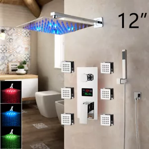 12" Shower Faucet Set Digital Mixer LED Rainfall Spout Heads 6 Massage Jets Taps - Picture 1 of 2