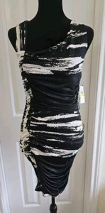 Y2K Bodycon Mini Dress Medium Abstract Black White Print Side Ruching NWT - Picture 1 of 9