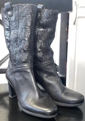 Женские черные кожаные сапоги Stuart Weitzman размер 6,5 вязаные лакированные до середины икры б/у в отличном состоянии! - Изображение 1 из 4