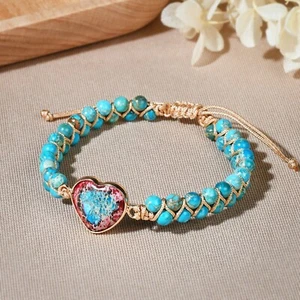 Natural Turquoise Stone Beaded Bracelet Blue Gemstone Heart Charm Bracelet - Picture 1 of 3