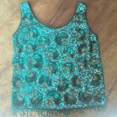 Camiseta sin mangas recortada suéter con cuentas vintage lentejuelas verde esmeralda Foto 1 de 4