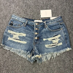 NEW Kan Can Shorts Womens Medium Blue Denim Raw Hem Distressed Whisker Mid Rise - Picture 1 of 14