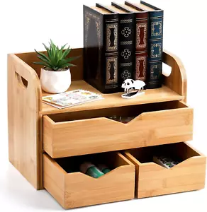 3 Tier Bamboo Desktop Organizer with 3 Drawers, Mini Tabletop Craft Box Cosmetic - Picture 1 of 6
