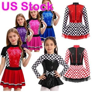 Race Car Driver Costume For Girls Checkerboard Dance Dress Jumpsuit Halloween - Picture 1 of 78