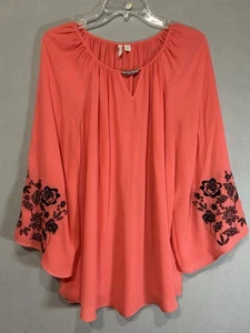 Embroidered Womens Long Flare Sleeve Tunic Top Size 14/16 Coral Boho Festival - Picture 1 of 8