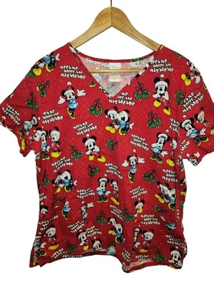 Disney Mickey and Minnie Mouse Scrub Top Size Large Christmas Holiday V-Neck Red - Image 1 of 4