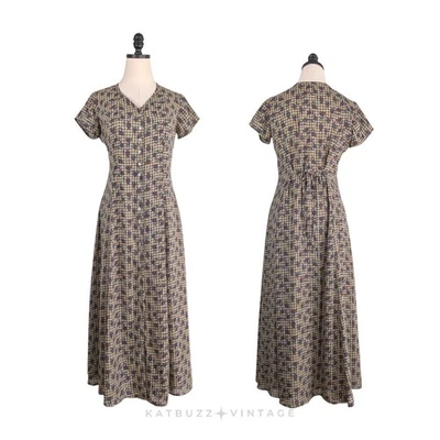 Vintage Aeropostale Maxi Shirt Dress S Brown Blue 90s Grunge Floral Tie Pheobe - Image 1 of 4