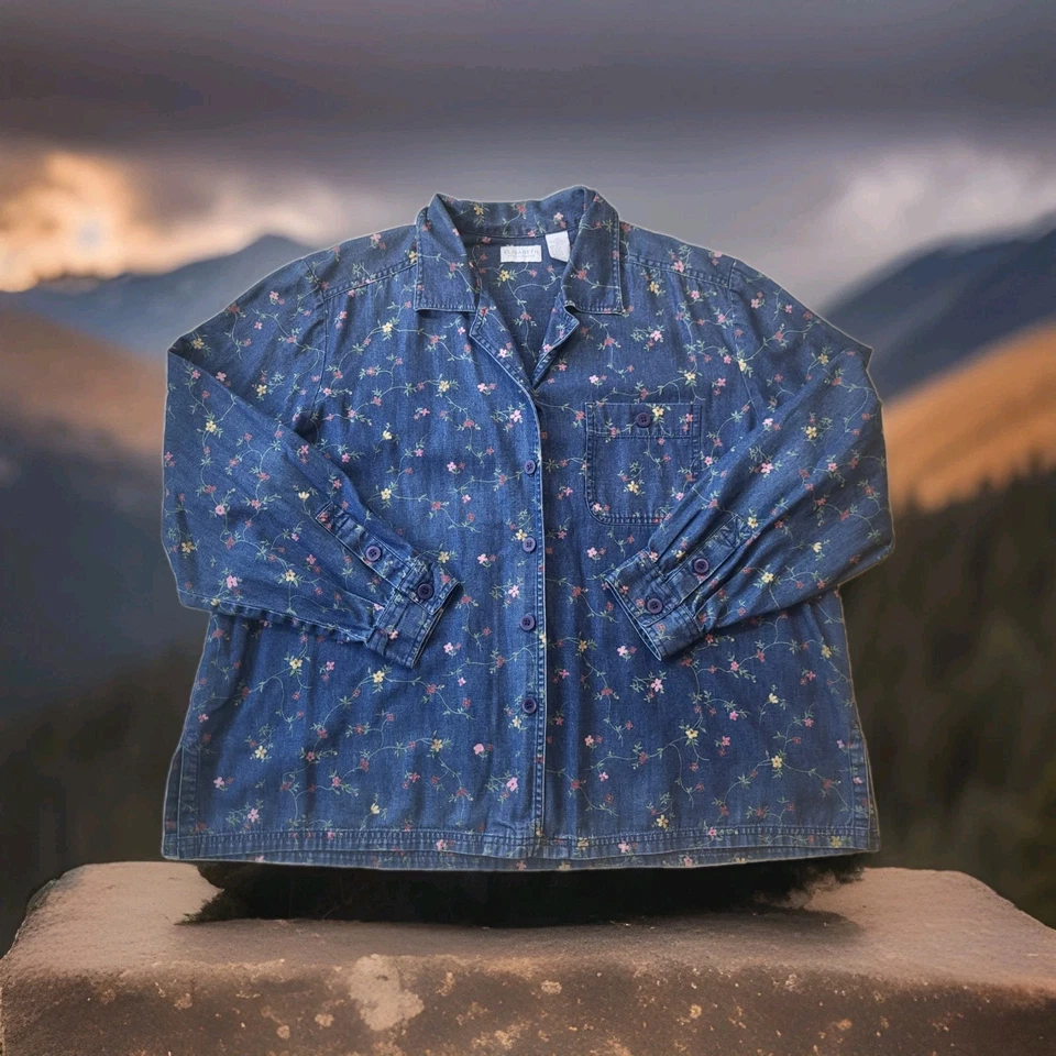 Camisa de Colección Denim con Botones para Mujer Talla Grande 20* Floral Cottagecore Country Top  Foto 1 de 4