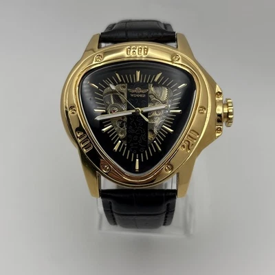 Winner A 516 Watch Men’s Gold Tone Skeleton Dial black leather band New - Image 1 of 4