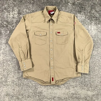 Wrangler Western Shirt Mens Large L Beige Twill Flame Resistant FRC Pearl Snap - Image 1 of 4
