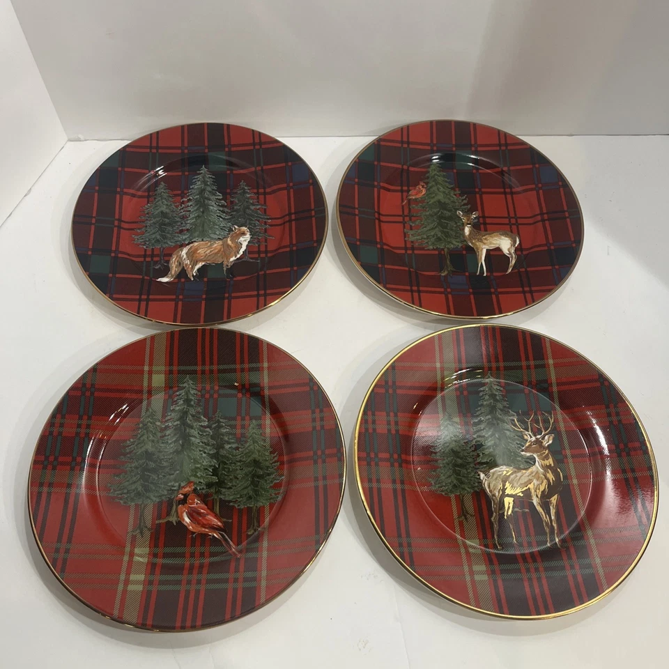 4 Pottery Barn Aspen Plaid Salad Plates Cardinal,Fox,Doe, Stag, Red Gold Forest - Image 1 of 4