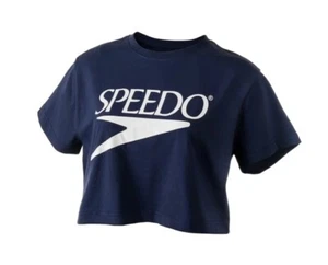 SPEEDO Women Size Large Navy Cropped Short Sleeve Logo T-Shirt NEW - Picture 1 of 4