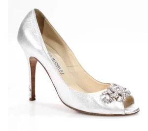 Luciano Padovan Silver Crystal Embellished Peep Toe Heels Size 8.5 39 Italy $395 - Picture 1 of 7
