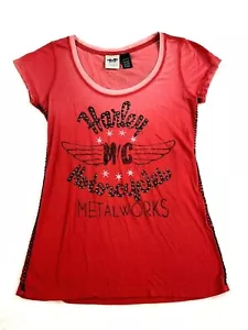 Harley Davidson Motorcycle Women's Sz S Metal Works Red Studded Shirt Top EUC - Picture 1 of 8
