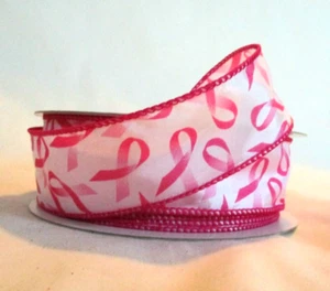 25 Yard Roll Offray Breast Cancer Awareness Ribbons 2 1/2 in wired ribbon white - Picture 1 of 2