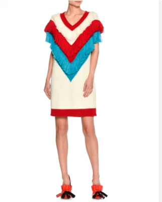 Vestido Suéter MSGM Tejido Cuello en V Sin Mangas Flecos en Patrón Blanco Talla M Foto 1 de 4