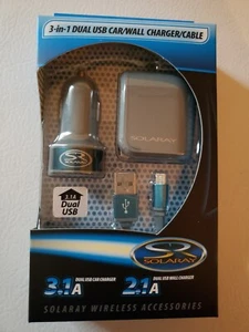 New SOLARAY 3 In 1 Dual USB Car & Wall Charger With Micro USB Cable, Gray & Teal - Picture 1 of 2