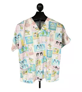 Scrub H.Q. Womens Pink Christmas Penguins Angels Snowflakes Scrub Top Size Large - Picture 1 of 5