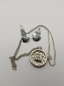 Vintage Sterling Silver Mexico Children Boys Girls Earth Pendant Earrings Set - Picture 1 of 4
