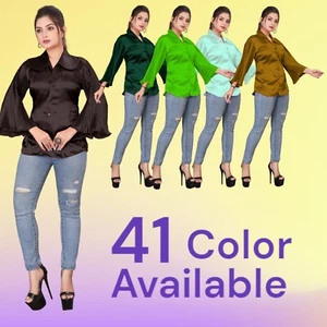 Satin Button Down Crop Top For Women / Girls Office Wear SP4 - Picture 1 of 250