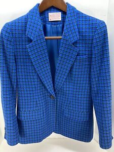 Vtg PENDLETON Blazer Blue Plaid 100% Virgin Wool Jacket Woman Petite Size 6 USA