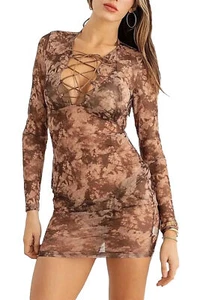 Biege & Mocha Abstract Mesh Lace-Up Neck Long Sleeve Mini Dress Semi-sheer Tunic - Picture 1 of 10