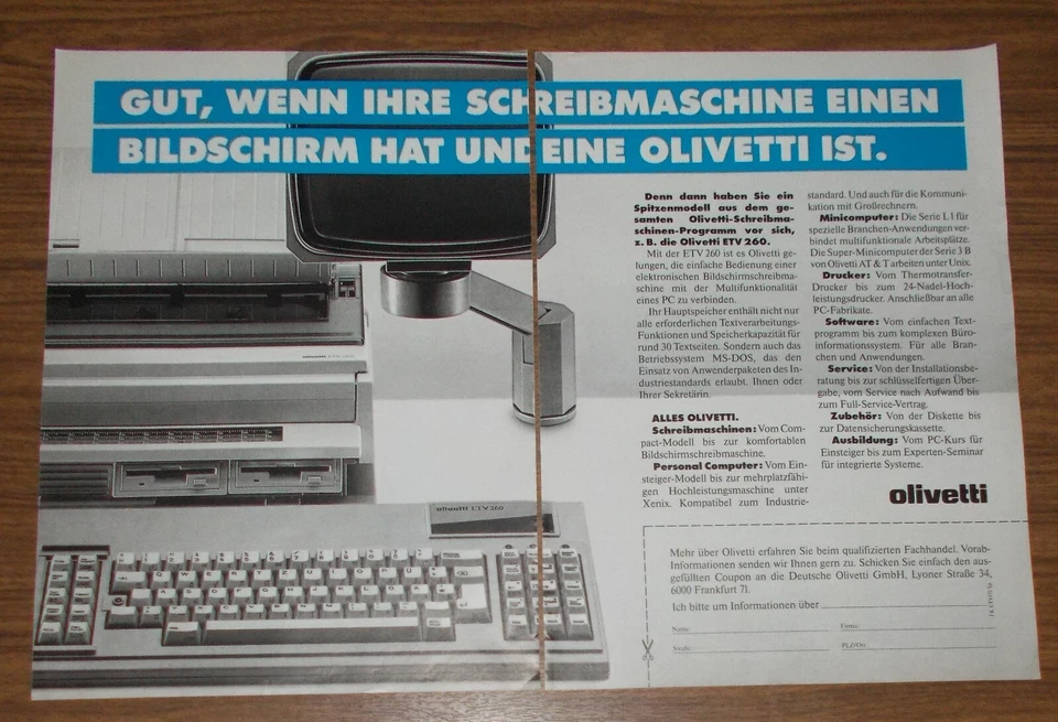 Seltene Werbung OLIVETTI ETV 260 Word Processor Schreibsystem Textcomputer 1987 - Image 1 of 1