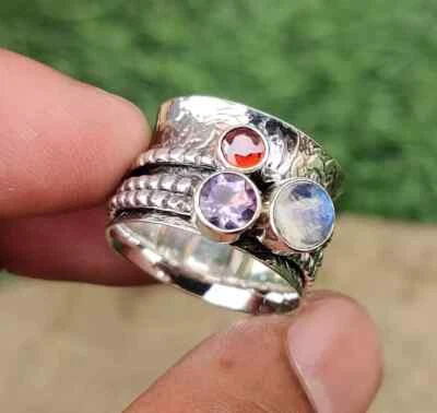 Anillo giratorio piedra lunar amatista y granate plata de ley 925 todos los tamaños Foto 1 de 4