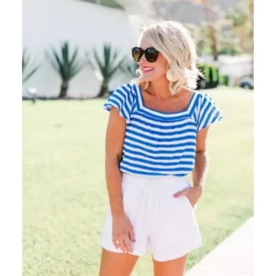 NWT Gibson x Hi Sugarplum  Blue White Striped Ruffle  Short Sleeve Top PetiteXXS - Image 1 of 4