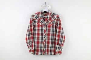 Vintage 60s 70s Rockabilly Boys 14 Western Rodeo Snap Button Shirt Plaid USA - Picture 1 of 11