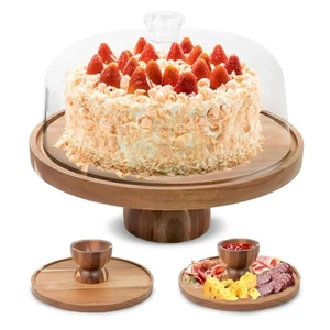 Acacia Wood Cake Stand with Lid - 12in Cake Stand with Dome,2 in 1 Charcuteri... - Picture 1 of 7