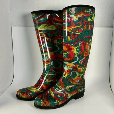 Däv Rain Boots Paisley Knee High Rubber Shoes Pull On Gloss Women’s Size 9 - Image 1 of 4