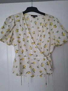 Primark Wrapover Peplum Blouse With Lemon Print Size 12 - Picture 1 of 4