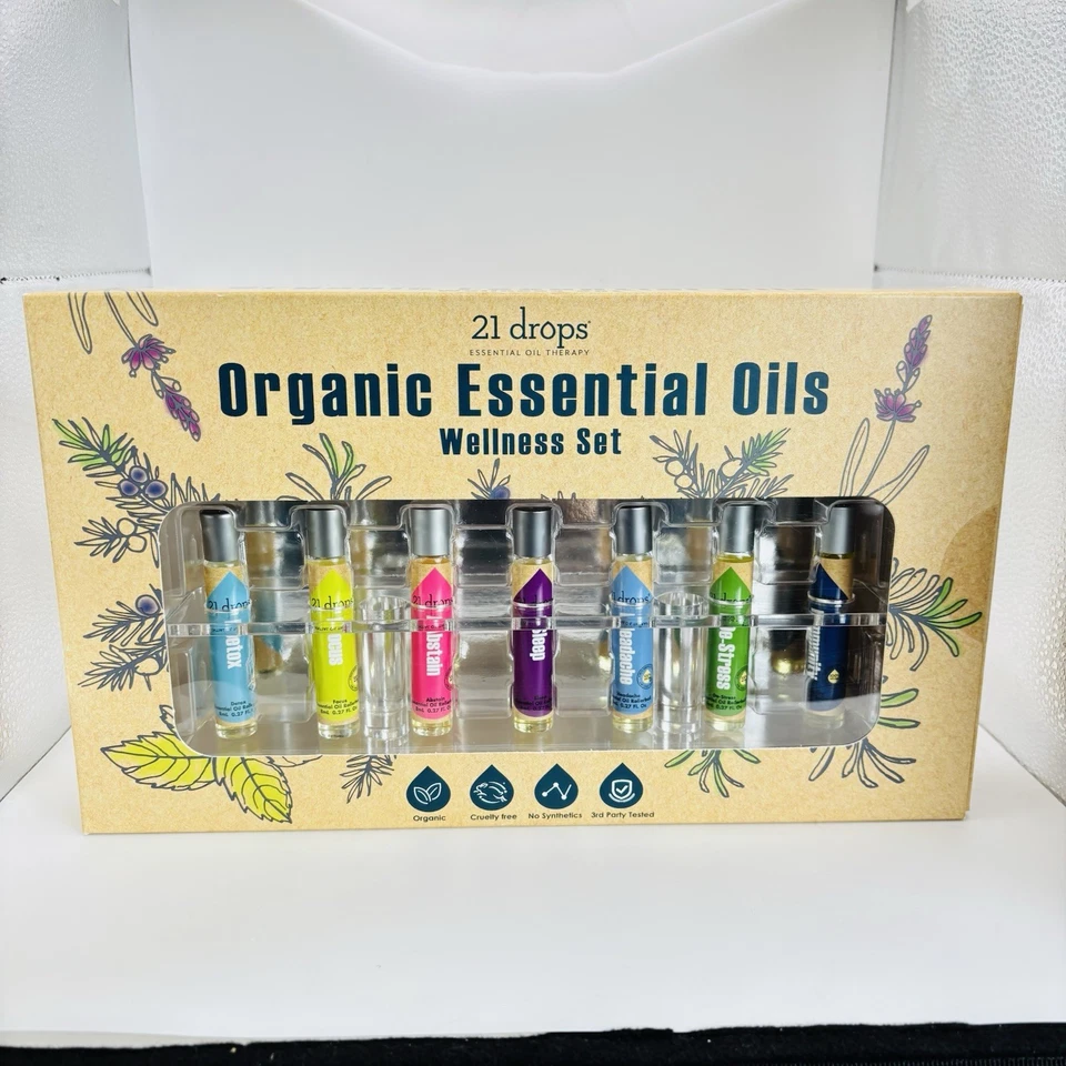 21 Drops Organic Essential Oils Wellness Set 7 Blends 8ml Each