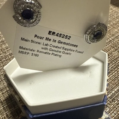 Pour Me In Gemstones Sapphire Quartz Earrings Hematite Plated - Image 1 of 2