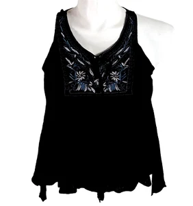 VOG Swing Top LARGE schwarz Stickerei Bluse fließend ärmellos String Bindeband Quaste - Bild 1 von 4