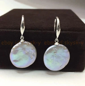 Natural Gray Freshwater Coin Pearl Beads Dangle Silver Hook Earrings 12-13mm - Picture 1 of 5