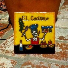 DAY OF THE DEAD EL COCINERO COOK RED TILE 4 IN x 4 IN TALAVERA MEXICO FREE SHIP